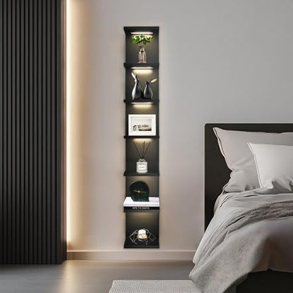 7 Tier Wall Shelves with Led Light, Lack Wall Shelf Unit, Vertical Shelf with Remonte Control,Black Shelves - color: 7 Tier Black
