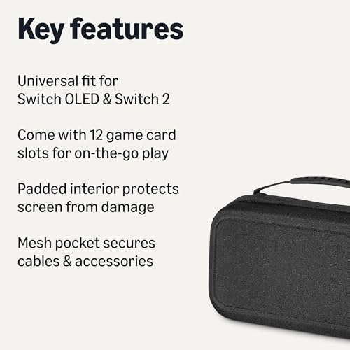 Amazon Basics Universal Nintendo Switch Case with 12 Game Card Slots, Fits Switch OLED and Switch 2, Black, 1-Pack