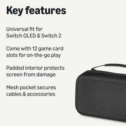 Amazon Basics Universal Nintendo Switch Case with 12 Game Card Slots, Fits Switch OLED and Switch 2, Black, 1-Pack