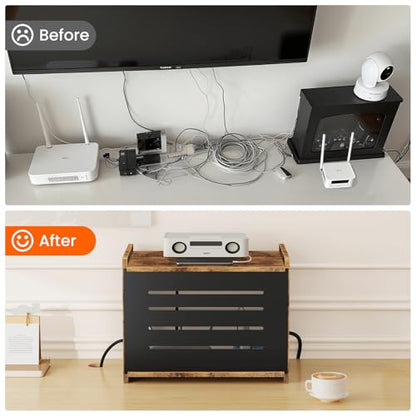 Homode Router Shelf, Wood Wifi Box Hider, Projector Shelf Stand, Router Modem Storage Box Power Strip Cable Management Hider Rack, Routers Cover Organizer for Office Home, Rustic Brown
