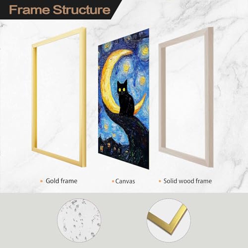 Funny Black Cat Wall Art Trendy Tree and Moon Oil Paintings Animal Poster Abstract Cat Floral Prints Posters Wall Decor Aesthetic for Farmhouse Gallery Bedroom 12x18inch Golden frame - color: Antique cat - Golden PVC frame, size: 12"L x 18"W
