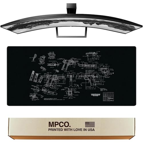 MPCO. Blueprints Large Gaming Desk Pad - 36" x 17" Duraglyde Fabric Browning 1911 – Black Desk Mats - Non-Slip, Washable, Smooth Glide for Precision Gaming & Work - color: Duraglyde Browning 1911 – Black