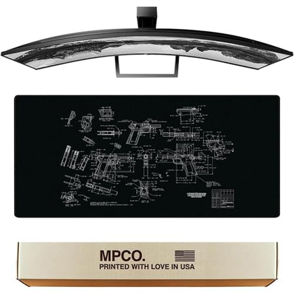 MPCO. Blueprints Large Gaming Desk Pad - 36" x 17" Duraglyde Fabric Browning 1911 – Black Desk Mats - Non-Slip, Washable, Smooth Glide for Precision Gaming & Work - color: Duraglyde Browning 1911 – Black
