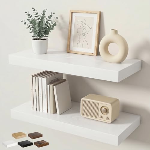 Floating Shelves for Wall 24 in x 9.3 in Deep, Wall Mounted Rustic Wood Shelf with Invisible Brackets for Storage & Display, Living Room Bedroom Bathroom, White, 2 Pack - color: White, size: 24 Inch, 2 pack