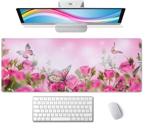 Mouse Pad Gaming, Large Mouse Pads for Desk, Keyboard Mouse Mat Desk Pad, Non-Slip Rubber Base with Stitched Edges Mousepad, 31.5x11.8in Roses Butterfly - color: Roses Butterfly