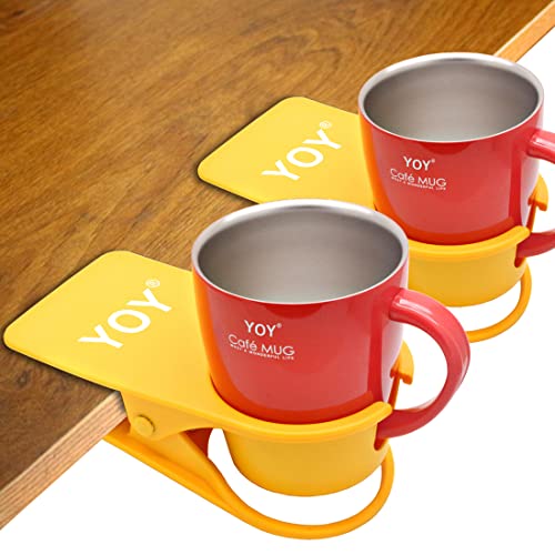 YOY 2 Pack Drink Cup Holder Clip - Table Desk Side Water Glass Beer Bottle Beverage Soda Coffee Mug Holder Cup Saucer Clip Design for Home Office, Yellow - color: Yellow for Mug, size: 2 Pack