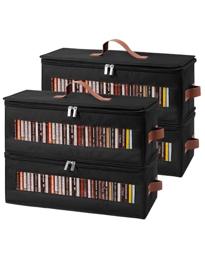 Qozary CD Storage Box - 4 Pack CD Case Holder with Clear Window, Holds 150 Jewel Cases, Media Storage Rack for CDs, Video Game Disks, Blu Ray Disc-16.5 × 8.3 × 8 in, Black - size: 4 Pack
