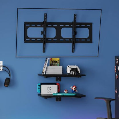 3-in-1 TV Wall Mount & Floating Shelves Kit, Fits 37–75" TVs, Wall-Mount TV Bracket with 2 Wooden Shelves, Max VESA 600×400 mm, for Living Room, Game Room, Bedroom