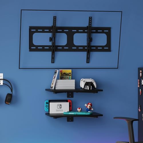 3-in-1 TV Wall Mount & Floating Shelves Kit, Fits 37–75" TVs, Wall-Mount TV Bracket with 2 Wooden Shelves, Max VESA 600×400 mm, for Living Room, Game Room, Bedroom