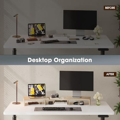 FITUEYES Dual Monitor Stand – 3 Shelf Computer Monitor Riser, Wood Desktop Stand with Adjustable Length and Angle, Desk Accessories, Office Supplies Medium Oak, DT108006WO - color: Oak