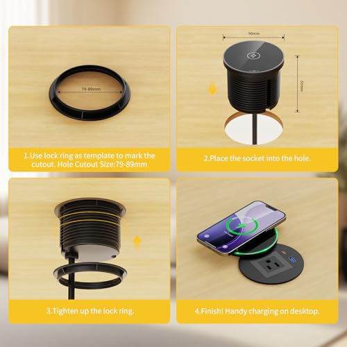 Desk Power Grommet with PD 30W USB C, 15W Wireless Recessed Power Outlets with 1 AC Plugs and 2 USB Ports, Hidden Power Strip for Office Kitchen Cabinet Conference Room