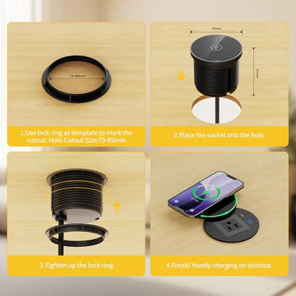 Desk Power Grommet with PD 30W USB C, 15W Wireless Recessed Power Outlets with 1 AC Plugs and 2 USB Ports, Hidden Power Strip for Office Kitchen Cabinet Conference Room