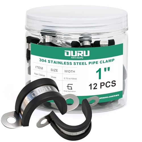OURU 12pcs 1 Inch Pipe Clamp 304 Stainless Steel, Heavy Duty Rubber Cushioned Insulated Pipe Strap, U Bracket Clamp Conduit Clamp for Automotive, Wire & Tube - size: 1"