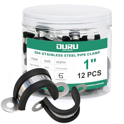 OURU 12pcs 1 Inch Pipe Clamp 304 Stainless Steel, Heavy Duty Rubber Cushioned Insulated Pipe Strap, U Bracket Clamp Conduit Clamp for Automotive, Wire & Tube - size: 1"