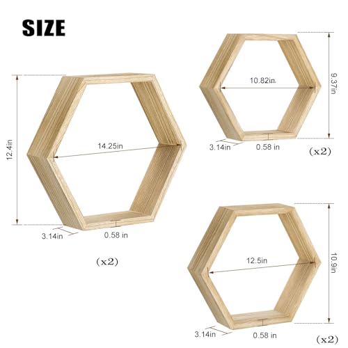 NOVIMANGO Hexagonal Floating Shelves Wall Mounted Set of 6 Wooden Hexagon Shelves Farmhouse Storage Honeycomb Shelves Hexagon Hanging Shelves Rustic Geometric Shelf for Nursery Bedroom Living Room - color: 6 Pack Wood Color