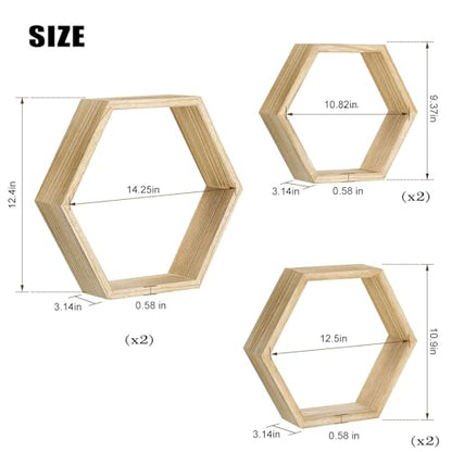 NOVIMANGO Hexagonal Floating Shelves Wall Mounted Set of 6 Wooden Hexagon Shelves Farmhouse Storage Honeycomb Shelves Hexagon Hanging Shelves Rustic Geometric Shelf for Nursery Bedroom Living Room - color: 6 Pack Wood Color