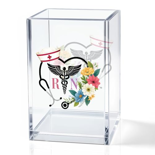 RN Acrylic Pencil Holder Cup, Floral Stethoscope Pen Holder for Women Nurse, Appreciation Thank You Gifts for Registered Nurse CAN MA, Nurse Week Decor RN Gifts, Nurse Day Present - color: black & multi