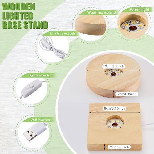 Honoson 4 Pcs LED Light Base - Wooden LED Base for Crystal Wood Light Display for Glass Art Lighted Stand for 3D Glass Resin Art(Square, Round) - style: Square, Round