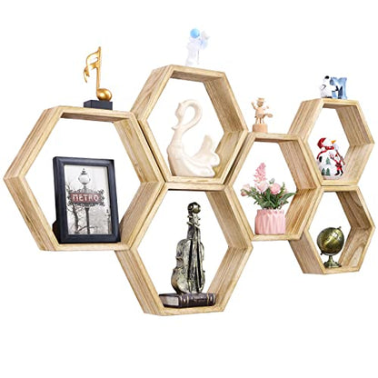 NOVIMANGO Hexagonal Floating Shelves Wall Mounted Set of 6 Wooden Hexagon Shelves Farmhouse Storage Honeycomb Shelves Hexagon Hanging Shelves Rustic Geometric Shelf for Nursery Bedroom Living Room - color: 6 Pack Wood Color