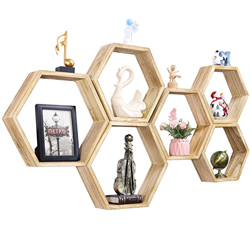 NOVIMANGO Hexagonal Floating Shelves Wall Mounted Set of 6 Wooden Hexagon Shelves Farmhouse Storage Honeycomb Shelves Hexagon Hanging Shelves Rustic Geometric Shelf for Nursery Bedroom Living Room - color: 6 Pack Wood Color