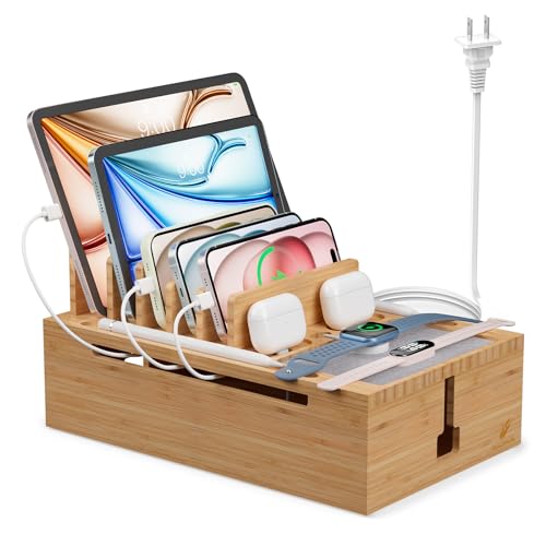 Pezin & Hulin Bamboo Charging Station for Multiple Devices, USB Charger Dock Organizer, with Power Supply (10 Ports HUB), 6 Cables, Cable Management Organizer for Cell Phones, Tablets -Natural Color - color: Natural, size: Dock+Charger+Cables