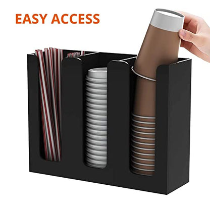 Richboom Acrylic Coffee Cup and Lid Storage Organizer Holder, 3 Compartments, Black - color: Black-3 Compartment