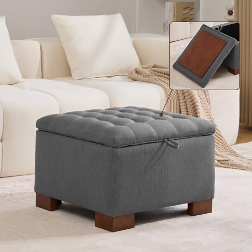 WUTUTUEE 24" Fabric Square Storage Ottoman with Wooden Tray, Modern Tufted Button Footstool Coffee Table, Upholstered Small Ottoman for Living Room, Bedroom, Dark Gray - color: Dark Gray, size: 24 Inch