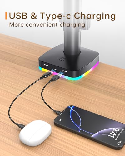 RGB Single Monitor Stand with USB Hub, Desk Mount for 13-27 Inch Screens, 1 USB-C & 2 USB Ports for Charging & Data Transfer, Adjustable VESA Monitor Mount, Height Tilt Swivel Rotation, Up to 17.6lbs - size: RGB Single Monitor Stand