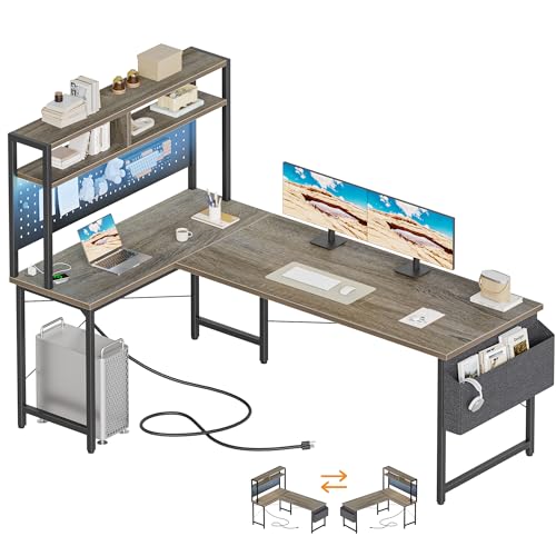 Mericonia 59 inch Large L Shaped Desk with Pegboard Hutch & Shelves, Corner Gaming Desk with Power Outlet, LED Light & Storage Bag, Reversible Computer Desk for Home, Bedroom, Office Workspace, Grey - color: Grey, size: 59 inch