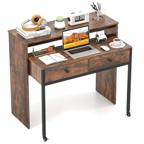 Tangkula Extendable Computer Desk with 2 Storage Drawers, Convertible Home Office Desk with Monitor Shelf, Metal Frame & Lockable Wheels, Rolling Study Writing Desk (Brown) - color: Brown