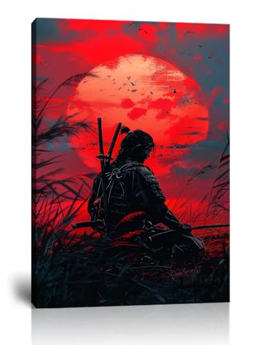 HQLLingArt Japanese Samurai Canvas Wall Art Bushido Picture Wall Decor for Living Room Bedroom Bathroom - Samurai with Sunset Picture Framed Ready to Hang(12''W x 16''H) - color: samurai art-6, size: 12"L x 16"W