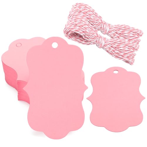 G2PLUS 100PCS Pink Paper Gift Tags with String, 2.8x2 in Blank Hang Tags, Wedding Favor Tag, Present Name Label Tag for Gift Wrapping, Pricing, Mother's Day, Valentine's Day Party Favors - color: Pink