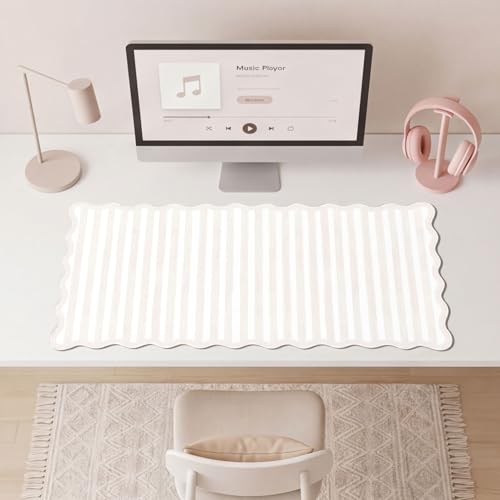 Striped Beige Scalloped Mouse Pad,Cute Kawaii Stripes Large Desk Mat Non-Slip Rubber Base,Aesthetic Decor Gaming Computer Desk Pad for Office Laptop Mouse Keyboard Pad, 31.5" x 15.7", XL - color: Striped Beige