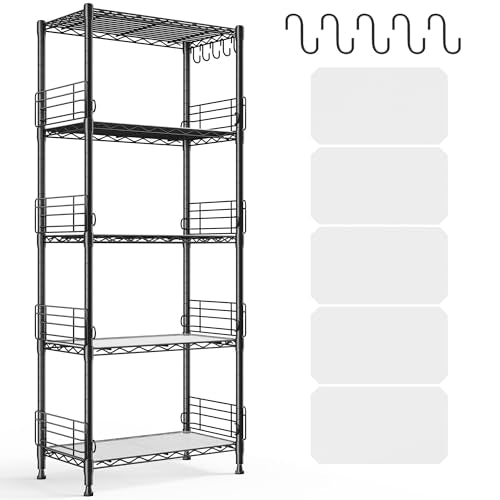 REIBII 5 Tier Wire Shelves with Side Blockers Pantry Shelves Organizers with Hooks & Shelf Linker Adjustable Metal Shelving for Storage, Kitchen,Pantry,Bathroom,Laundry Room,59.1"H x 21.7"W x 13.8"D