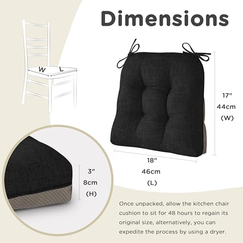 AddGrace Chair Cushions for Dining Chairs Set of 1 Kitchen Seat Cushions with Ties and Non Slip Backing Tufted Indoor Seat Pad for Kitchen Dining Room 18" x 17" x 3" Black - color: Black