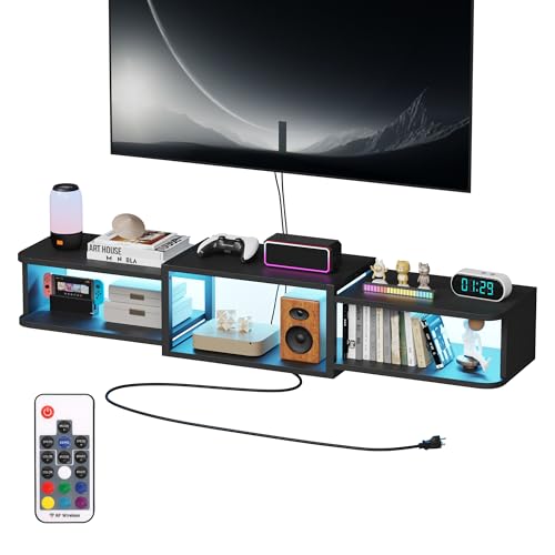 Qupui 47.2'' Wall-Mounted Floating TV Stand with LED Lighting, Modern Wooden Media Console Shelf Featuring Built-in USB Ports and Electrical Outlets. Under-TV Storage for Living Room, Bedroom - color: Black