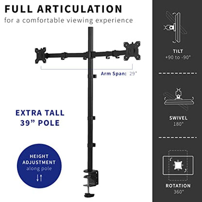 VIVO Dual Monitor Stand Up Desk Mount Extra Tall 39 inch Pole, Fully Adjustable Stand for up to 27 inch Screens, Black, STAND-V012 - size: 13" - 27" screens
