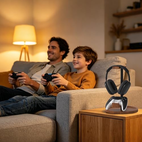 Headset Stand with Gaming Controller Holder,Dual Controller Organizer Rack, Solid Wood Headphone Stand with Storage Base, Gaming Equipment Accessories for Desk