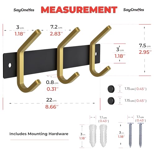 Small Coat Rack Wall Mount – Black and Gold Hook Rail with 3 Double Coat Hooks, 9 Inch Stainless Steel Wall Hooks for Entryway, Bathroom, Bedroom, Closet, Towel, Hat, Bag, Heavy Duty Organizer - color: Black + Gold, size: 3 Hooks - 1 Pack