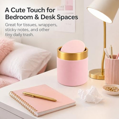 Pink Mini Countertop Trash Can with Lid – Metal Tiny Makeup Vanity Swing-Top Waste Bin, 1.5 L / 0.40 Gal - color: Pink