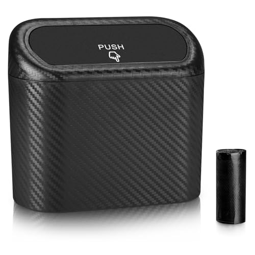 Accmor Car Trash Can with Lid, Mini Vehicle Trash Bin Portable Car Dustbin Garbage Organizer Holder with One Roll Trash Bag, Small Hanging Leakproof Auto Storage Bag Container (Carbon Fiber) - color: Carbon Fibre