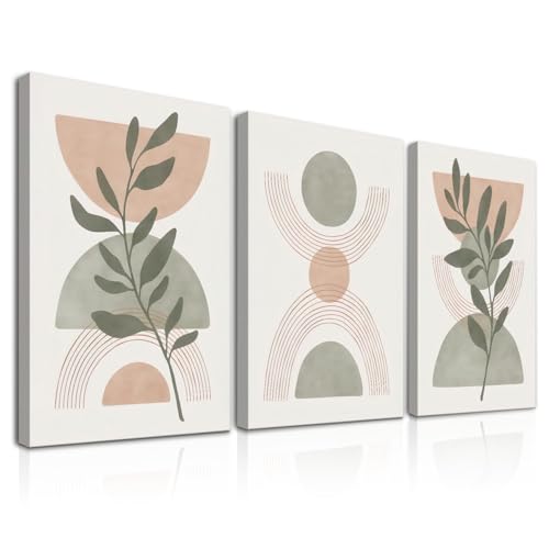 Dazzlewall Framed 3Pcs Minimalist Boho Sage Green Wall Art Set,Botanical Leaf & Geometric Shapes Canvas Prints for Bedroom Living Room Decor 12x16 in - color: Multicolour Framed