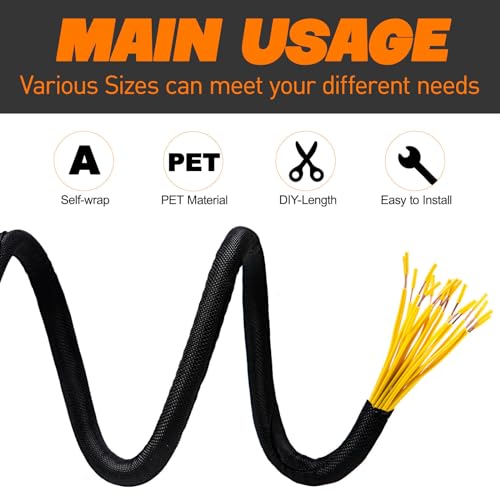 Split Braided Sleeve Cable Management Wire Loom Cord Covers for High-Temperature Automotive Harness and Home Cable Management, 18ft - 1/2 inch Self-Wrapping Tubing Cord Protector - size: 1/2"-18 Feet