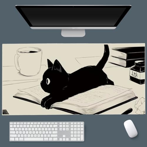 Gaming Mouse Pad XXL Extended Anime Mouse Pad 31.5x15.7inch, Large Cute Kawaii Big Computer Mouse Mat Desk Pad Home Office-Black Reading Cat - color: Black Reading Cat, size: 31.5L x 15.7W inches