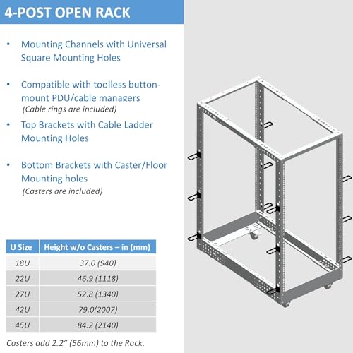 AEONS 22U 4-Post IT Open Frame Server Rack 19 Inch Depth-Adjustable (22" to 40") Network Equipment AV Gear w/Casters and Cable Management - style: 22U-4Post