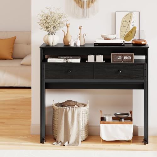 Tangkula Extendable Computer Desk with 2 Storage Drawers, Convertible Home Office Desk with Monitor Shelf, Metal Frame & Lockable Wheels, Rolling Study Writing Desk (Black) - color: Black