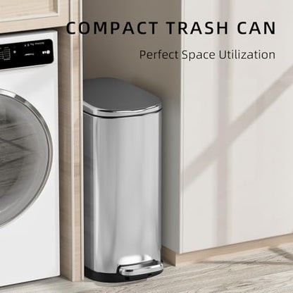 KUK Slim Bathroom Trash Can with Lid, 2.6 Gallon (10 L) Stainless Steel Step Small Garbage Can with Removable Inner Bucket, Soft Close, Anti-Fingerprint Finish (Silver) - color: Silver