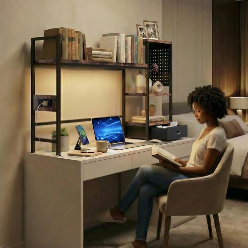 DreamDashio Desk Hutch with Shelves & Outlets, Desktop Bookshelf Organizer with RGB Lights, Storage Drawer & Pegboard, Anti‑Tip Strap for Gaming/Office/Dorm