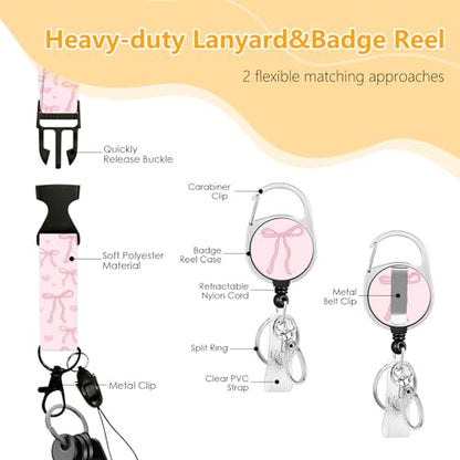 Bow Badge Holder with Lanyard, Beautiful Bow ID Badge Holder with Retractable Reel Clip and Keychain, Vertical Identity Card Cover Case Protector for Nurse Teacher - color: Bow-pink