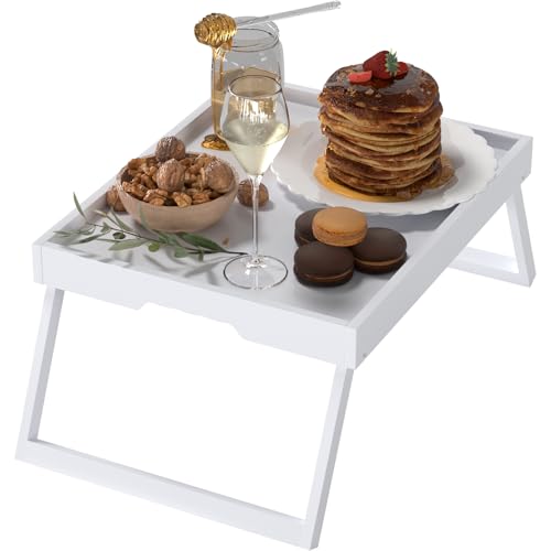 Bamboo Bed Tray Table with Foldable Legs, Breakfast in Bed Tray for Eating, Kitchen Serving Trays, Folding Table for Sofa, Beds, Eating, Working, Used As Laptop Desk Snack Trays, White - color: White, size: Medium